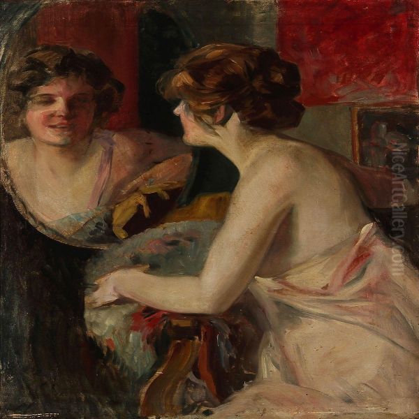 A Woman Looks In The Mirror Oil Painting by Richard Geiger