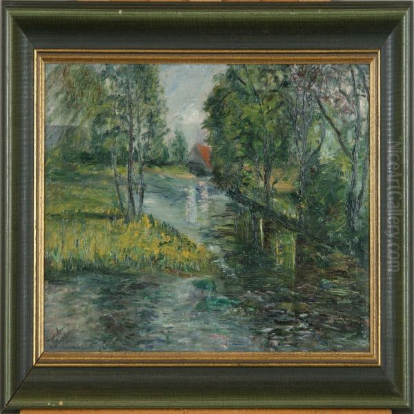 Landscape With River. Signed Geiger-thuring, Munchen Oil Painting by August Geiger-Thuring