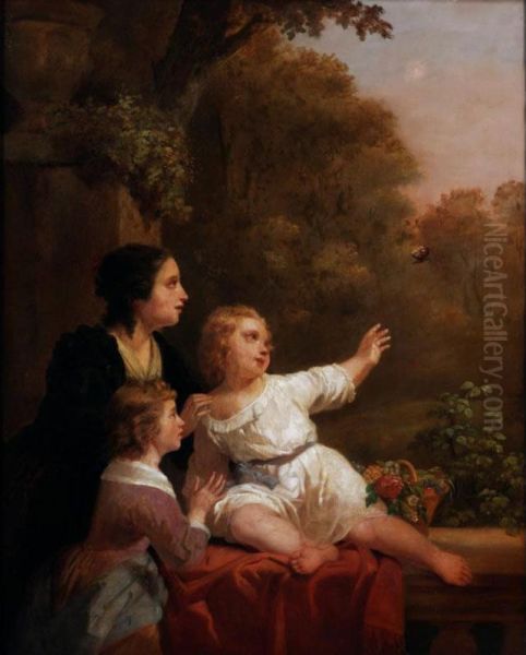 Portrait Of A Mother And Her Two Children In A Landscape Oil Painting by Jozef Geirnaert