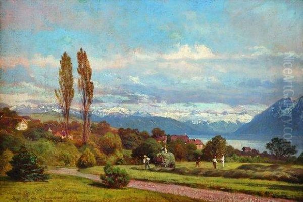 Au Bord Du Leman,paysage Anime Oil Painting by Johann Joseph Geisser