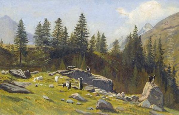 Sommerliche Alppartie Mit Hirten, Schafen Und Ziegen Oil Painting by Johann Joseph Geisser