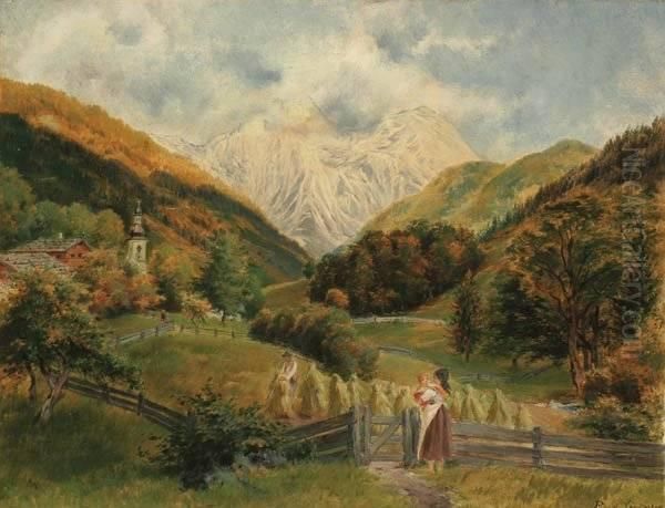 Alpine Village Landscape-1901 Oil Painting by Rudolf Geissler