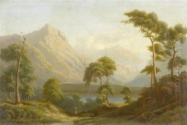 Idyllic Landscape By The River Bank Oil Painting by August Christian Geist