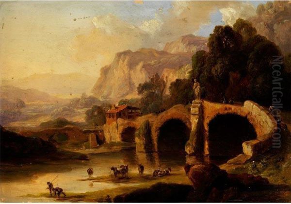 Tiefe Landschaft Mit Fluss Und Brucke Oil Painting by August Christian Geist