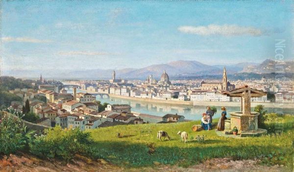 Shepherds By A Well Above The Arno, Florence Oil Painting by Lorenzo Gelati