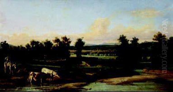 Paesaggio Con Fiume E Mucche Oil Painting by Lorenzo Gelati