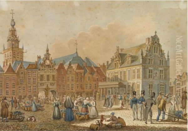 A Market Scene In Nijmegen, The Waag And The Vleeschhuis Beyond Oil Painting by G. J. Gelderman