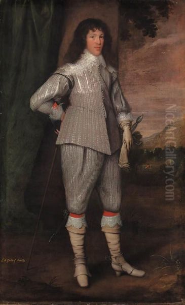 Portrait Of Dutton, 3rd Baron Gerard, Of Bromley, Staffordshire,full-length, In A Silver-grey Slashed Doublet And Hose, His Lefthand On The Hilt Of His Sword, His Right Hand Resting On A Cane, Bya Draped Curtain, In A Wooded Landscape With A Gentleman Rid Oil Painting by George Geldorp