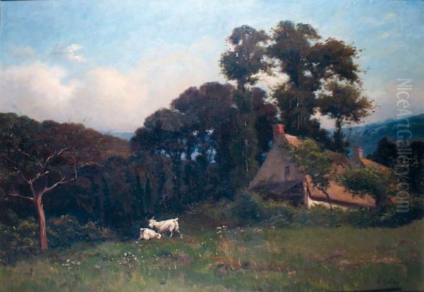 Chevres Dans La Clairiere Oil Painting by Edouard Gelhay