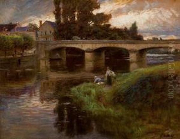 Les Bords Du Loing A Nemours Oil Painting by Edouard Gelhay