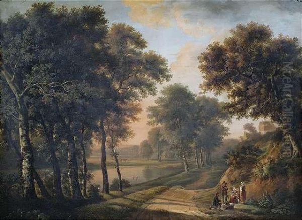 Summery Landscape At Evening Light With A Peasant's Family At Wayside Oil Painting by Maximilien Lambert Gelissen