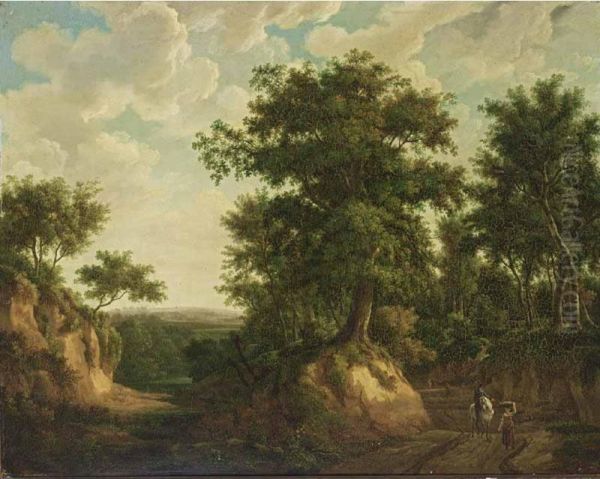 An Extensive Wooded Landscape With A Horseman, A Maid And Othertravellers On A Path Oil Painting by Maximilien Lambert Gelissen