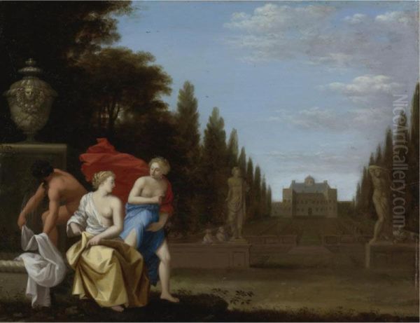 Three Figures By A Fountain, A Princely Residence And Park Beyond Oil Painting by Toussaint Gelton