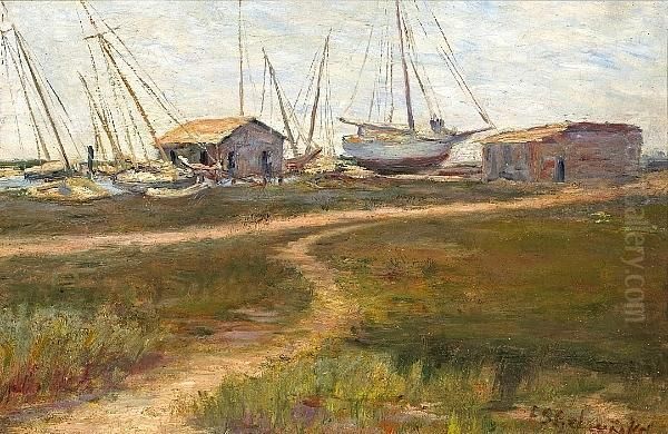 The Boat Yard, Thought To Be Oakland Estuary Oil Painting by Slater Frances Gelwicks