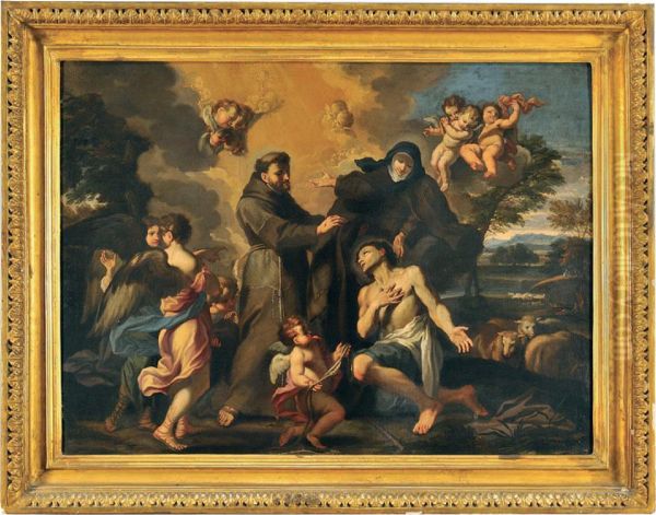 Scena Sacra Con San Francesco E Santa Caterina Oil Painting by Ludovico Geminiani