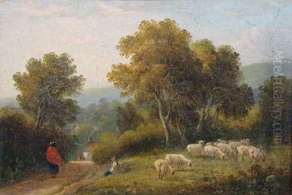 Shepherd With Sheep Besides A Path To Cottage Oil Painting by John Gendall