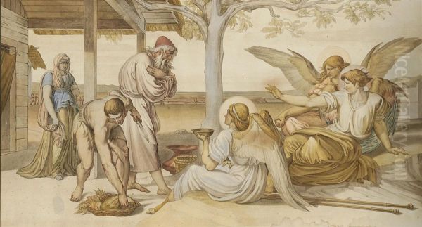 Abraham And The Three Angels (genesis, Xviii, 1-19) Oil Painting by Bonaventura Genelli