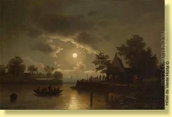 Lever De Lune Sur Le Canal Oil Painting by Theodor Genenger