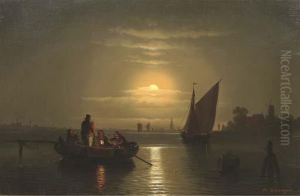 Fishing By Moonlight Oil Painting by Theodor Genenger