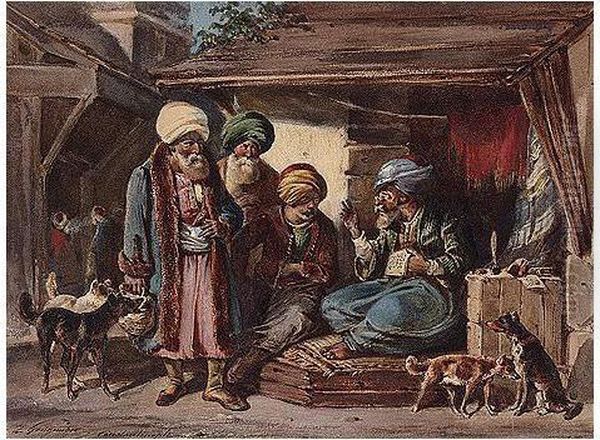 Merchants At A Bazaar In Constantinople Oil Painting by Joseph Zephyris Gengembre