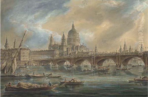 Saint Paul's Cathedral And Blackfriars Bridge Seen From The Thames Oil Painting by Jean Baptiste Genillion