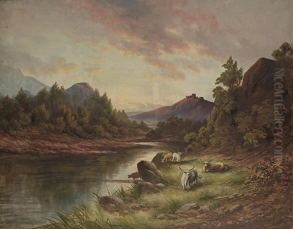 Highland Cattle In River Landscapes Oil Painting by R.H. Gennings