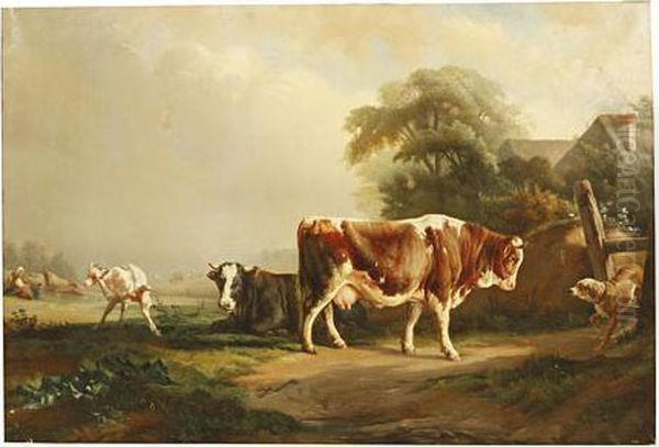 Cattle, Goats And Dog In A Meadow Oil Painting by Hyacinte Joseph Genta