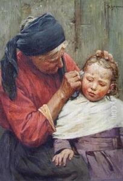 Alte Frau Sich Um Ein Kind Kummernd Oil Painting by Berthold Genzmer