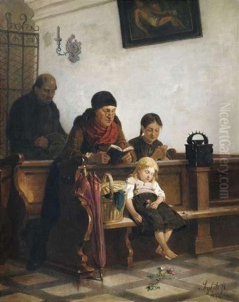 A Little Girl Has Been Falling Asleep In The Church During Service. Oil Painting by Seybold Georg Von