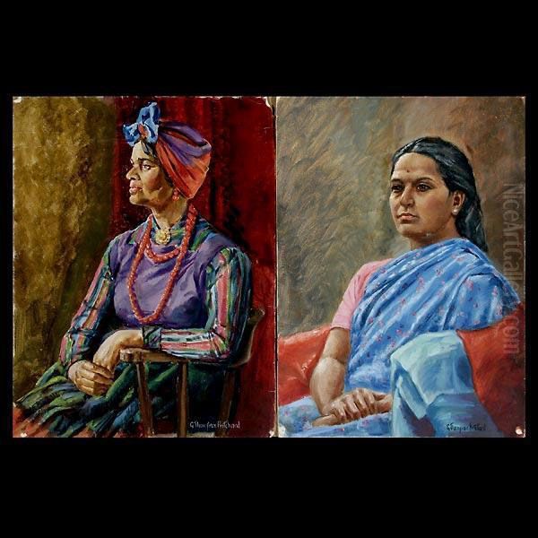 Portrait Of A Woman In A Sari Together With A Portrait Of A Woman With A Red Necklace. Oil Painting by T. George