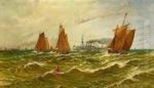 Marine (wesermundung) Mitzahlreichen Segelschiffen Und Kriegsschiff Oil Painting by T. George