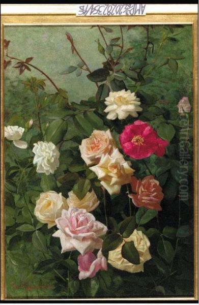 White, Pink, Yellow And Red Roses Oil Painting by T. George