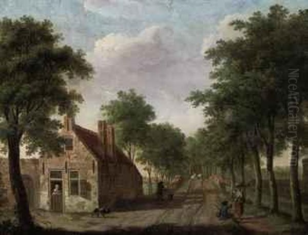 A Horse Drawn Cart Approaching A Farm With Several Figures Oil Painting by Jean George Teissier