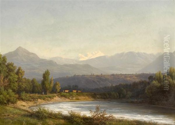 At The Foot Of The Arve Near Monnex Oil Painting by Jean Philippe George-Juillard