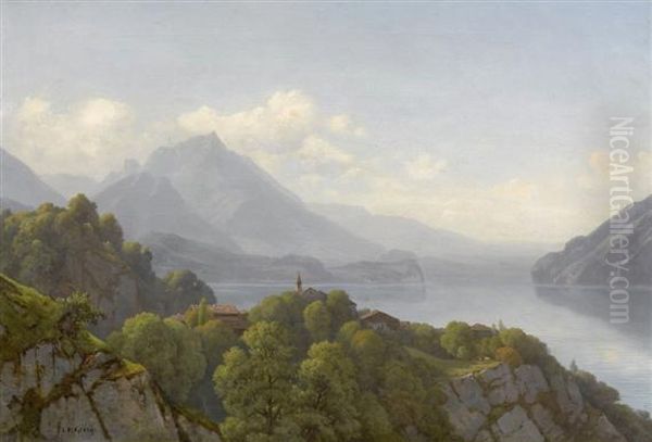 View Of Lake Thun Oil Painting by Jean Philippe George-Juillard