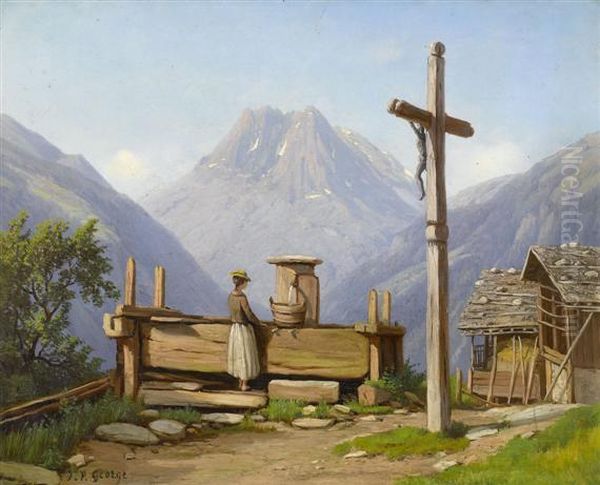 Valais Woman At A Well Before The Aiguilles Rouges Oil Painting by Jean Philippe George-Juillard