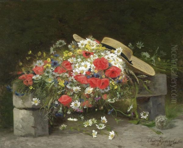 Still Life Of Wild Flowers And A Garden Hat Oil Painting by Elisa Antoinette Georget