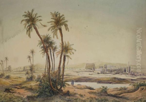 Ori ntaals Landschap Met Personages Nabij Oase En Ru nes Van Karnak Op De Achtergrond Oil Painting by Friedrich Otto Georgi