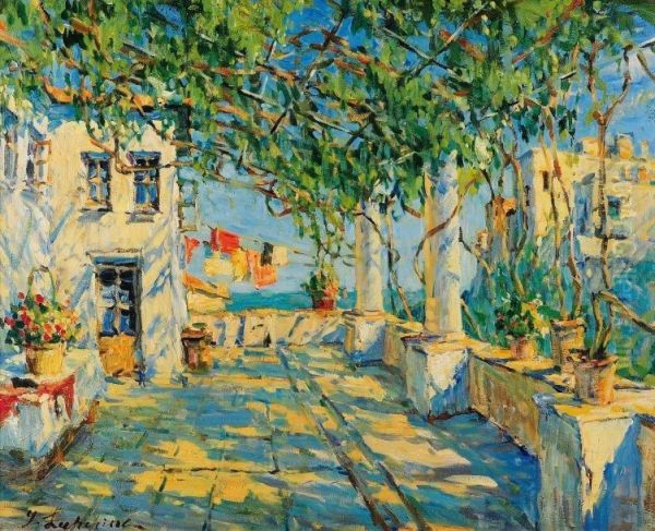 Sur La Terrasse Oil Painting by Aleksandrovich Lapshin Georgii