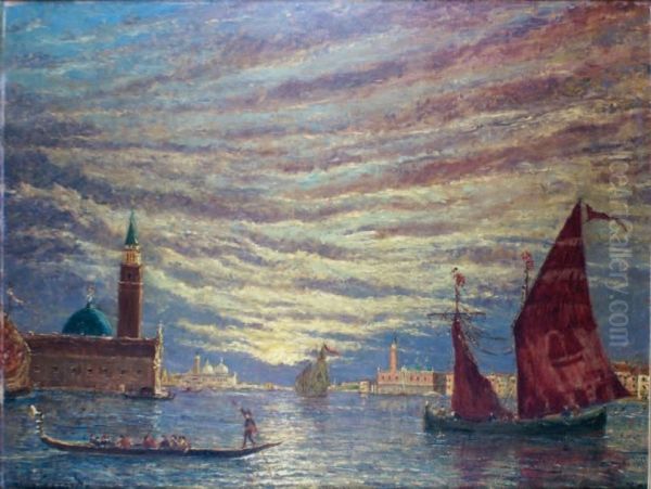 Venise, Les Gondoles A L'entree Du Grand Canal Sous Le Soleil Couchant Oil Painting by Henry Gerard