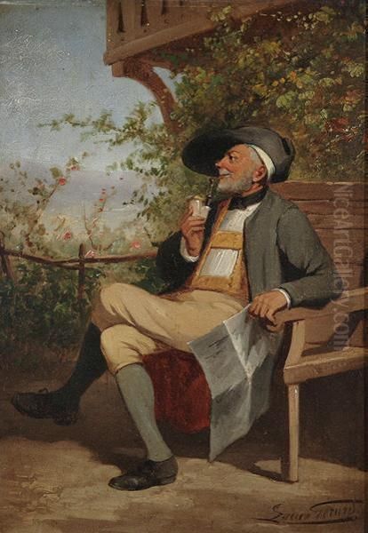 Pipe Smoker Seated On A Terrace Oil Painting by Lucien Gerard