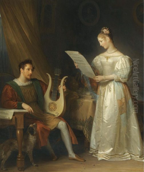 Interior With A Man Holding A Lyre And A Woman With A Music Score Oil Painting by Marguerite Gerard