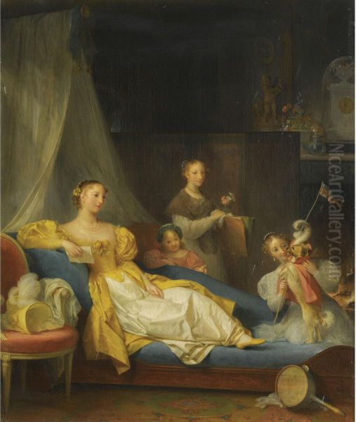 A Family In An Interior Playing With A Dog Oil Painting by Marguerite Gerard