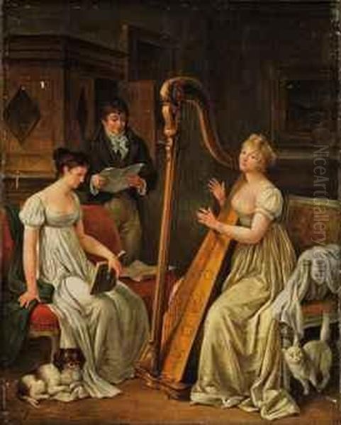 Elegant Figures Making Music In An Interior Oil Painting by Marguerite Gerard