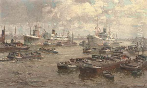 Shipping In Rotterdam Harbour Oil Painting by Gerardus Jacobus Delfgaauw