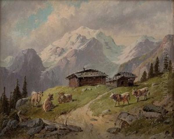 Weidende Kuhe Aufder Alm Oil Painting by Alfred Gerasch