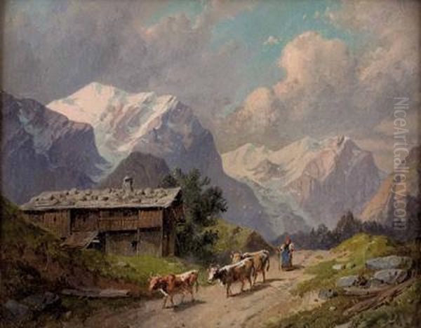 Sennerin Und Kuheauf Der Alm Oil Painting by Alfred Gerasch