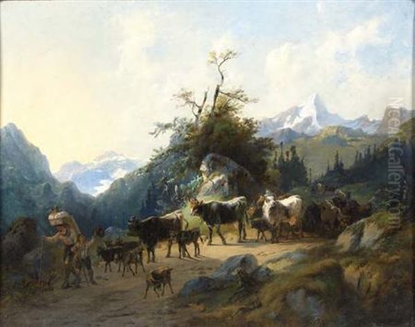 An Alpine Pass With Goat And Cowherd Oil Painting by Alfred Gerasch