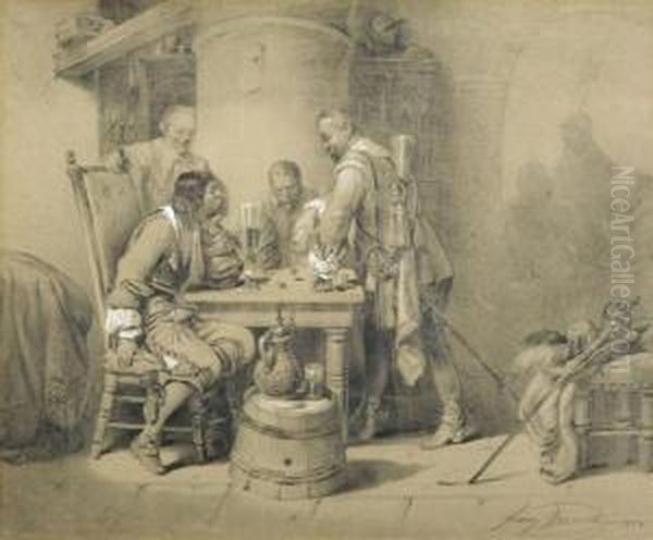 Inn With Men Playing Dice Oil Painting by Franz Gerasch