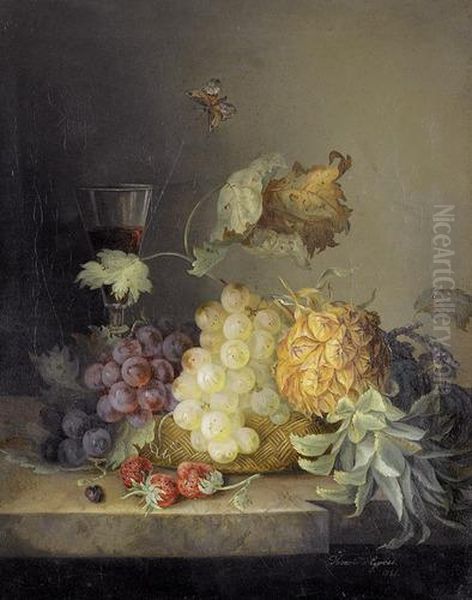 Fruchtestillleben Mit Weinglas Und Schmetterling. Oil Painting by Henriette Gerbes